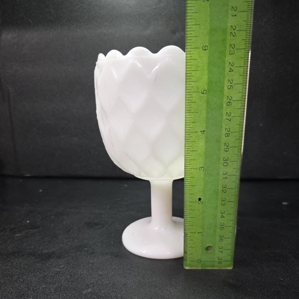 Milk Glass Diamond Design Goblet, Textured Pedestal Compote, Vintage Glassware - Thumbnail 9