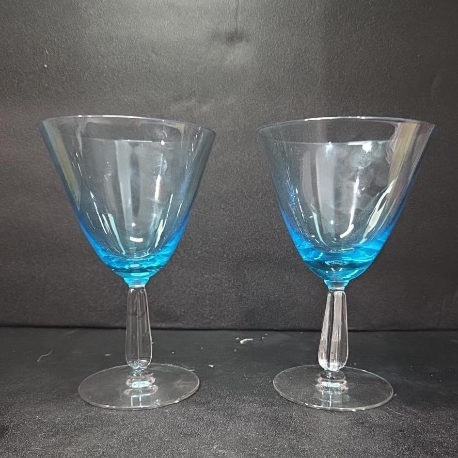 Seneca Blue Belnor Water Glasses, Set of 2, Vintage Stemmed Goblets, Drinkware - Thumbnail 2
