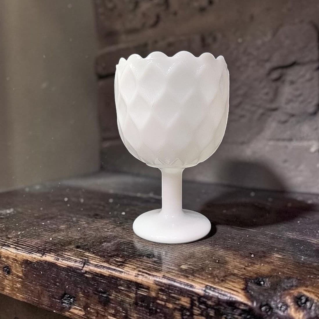 Milk Glass Diamond Design Goblet, Textured Pedestal Compote, Vintage Glassware