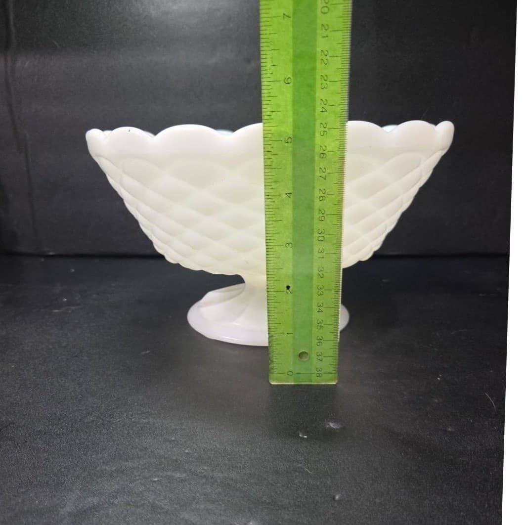 Milk Glass Footed Fruit Bowl Centerpiece, Diamond Quilt Pattern, Vintage Compote - Thumbnail 9