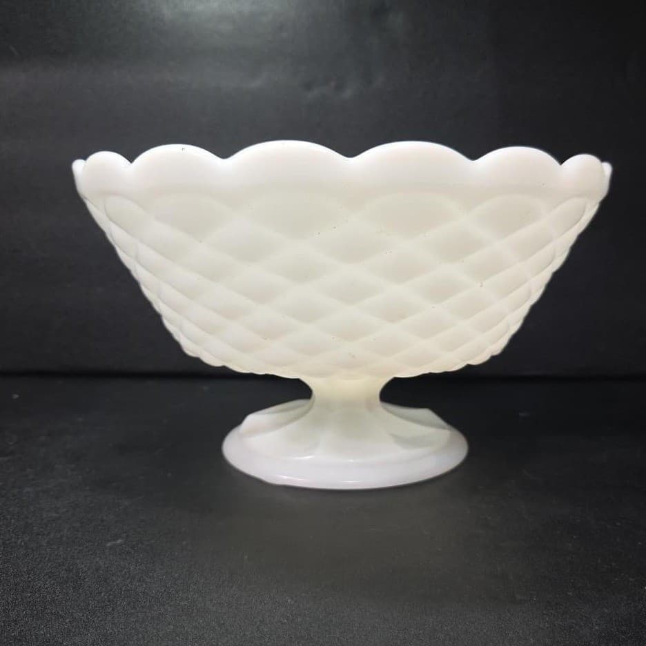 Milk Glass Footed Fruit Bowl Centerpiece, Diamond Quilt Pattern, Vintage Compote - Thumbnail 2