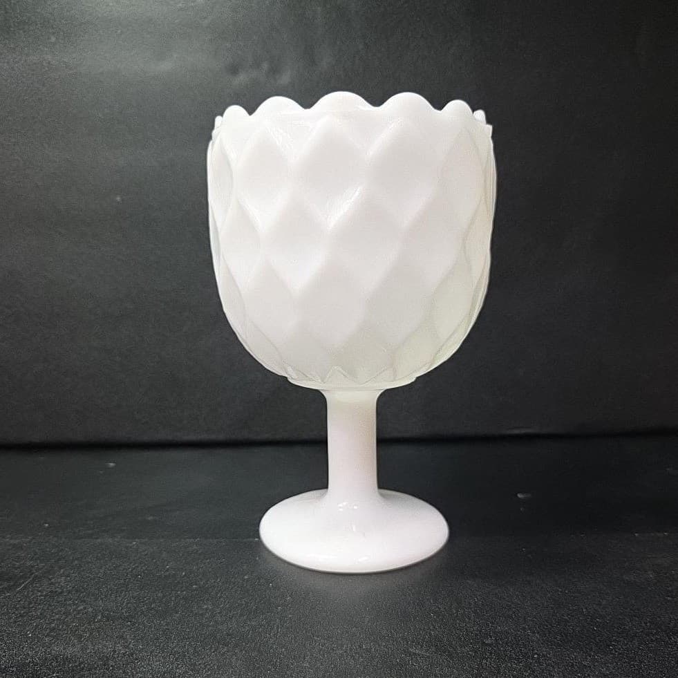 Milk Glass Diamond Design Goblet, Textured Pedestal Compote, Vintage Glassware - Thumbnail 4
