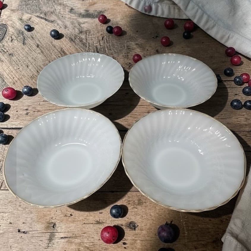 Anchor Hocking Suburbia Swirl Milk Glass Bowls, Set of 4, Gold Rim, Replacements