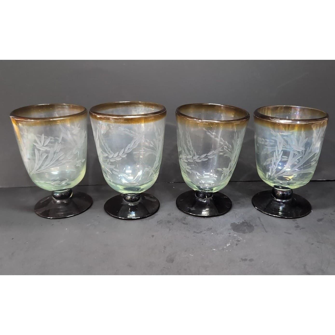 Etched Wheat Brown Rimmed Goblets, Set of 4, Vintage Ruby Red Base Drinkware - Thumbnail 4