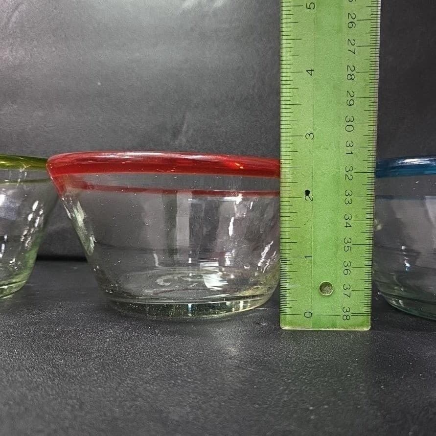 Mexican Hand Blown Salad Bowls, Set of 3, Recycled Artisan Glass Blue Yellow Red - Thumbnail 9
