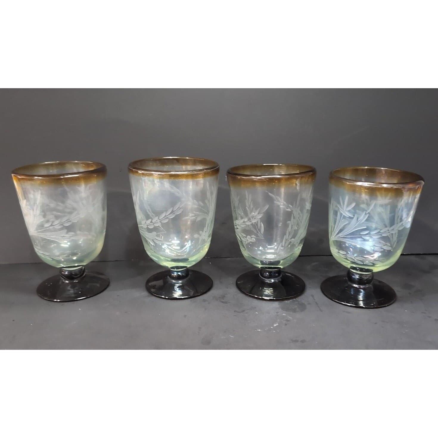 Etched Wheat Brown Rimmed Goblets, Set of 4, Vintage Ruby Red Base Drinkware - Thumbnail 2