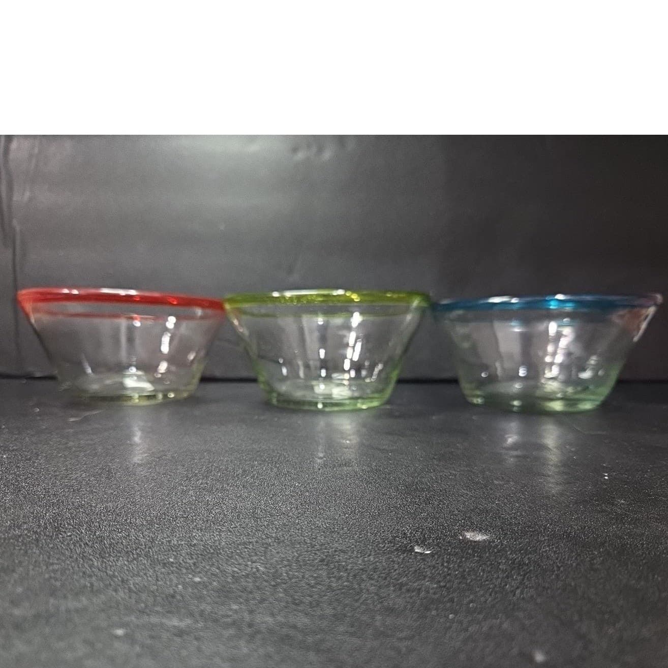 Mexican Hand Blown Salad Bowls, Set of 3, Recycled Artisan Glass Blue Yellow Red - Thumbnail 4