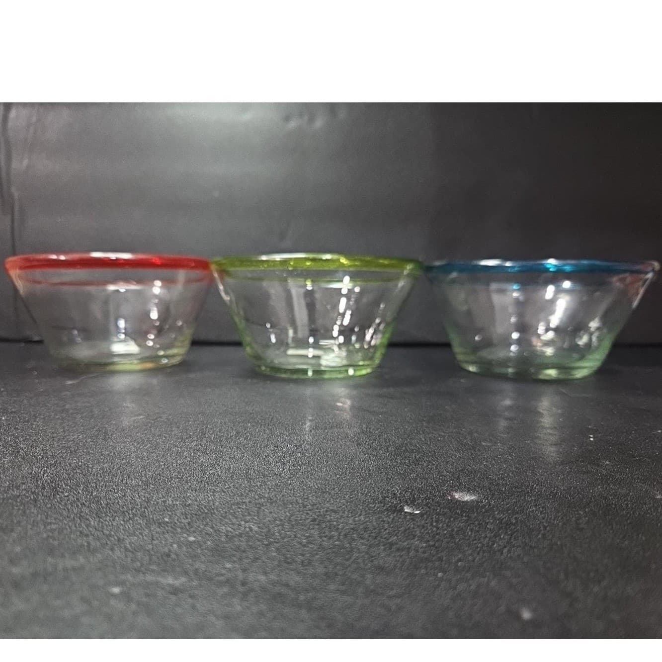 Mexican Hand Blown Salad Bowls, Set of 3, Recycled Artisan Glass Blue Yellow Red - Thumbnail 3