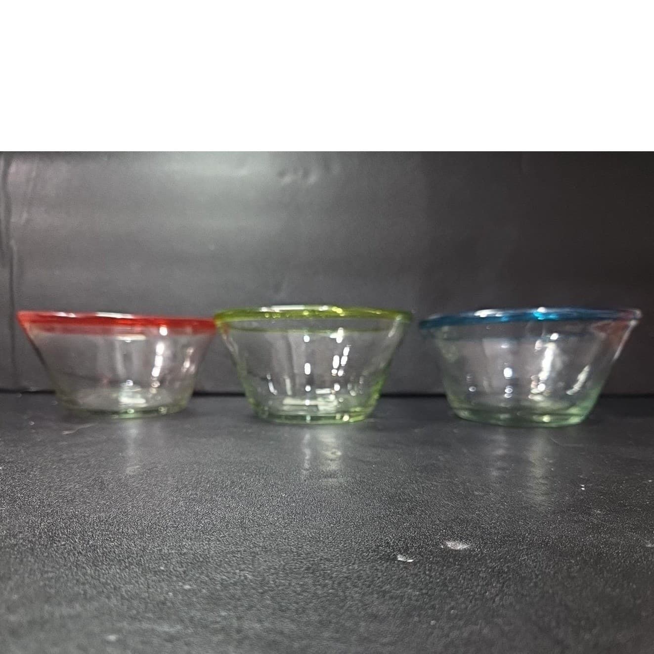 Mexican Hand Blown Salad Bowls, Set of 3, Recycled Artisan Glass Blue Yellow Red - Thumbnail 5