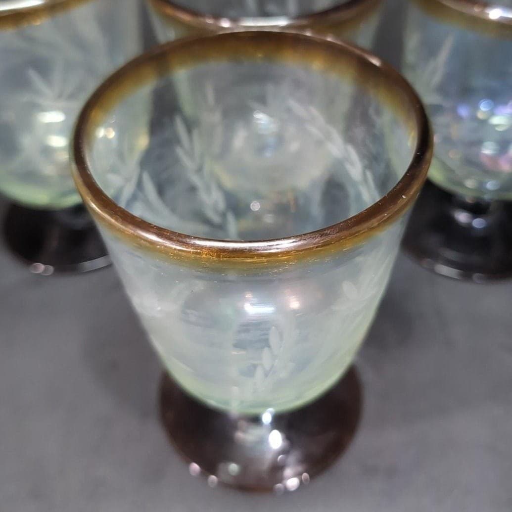 Etched Wheat Brown Rimmed Goblets, Set of 4, Vintage Ruby Red Base Drinkware - Thumbnail 6