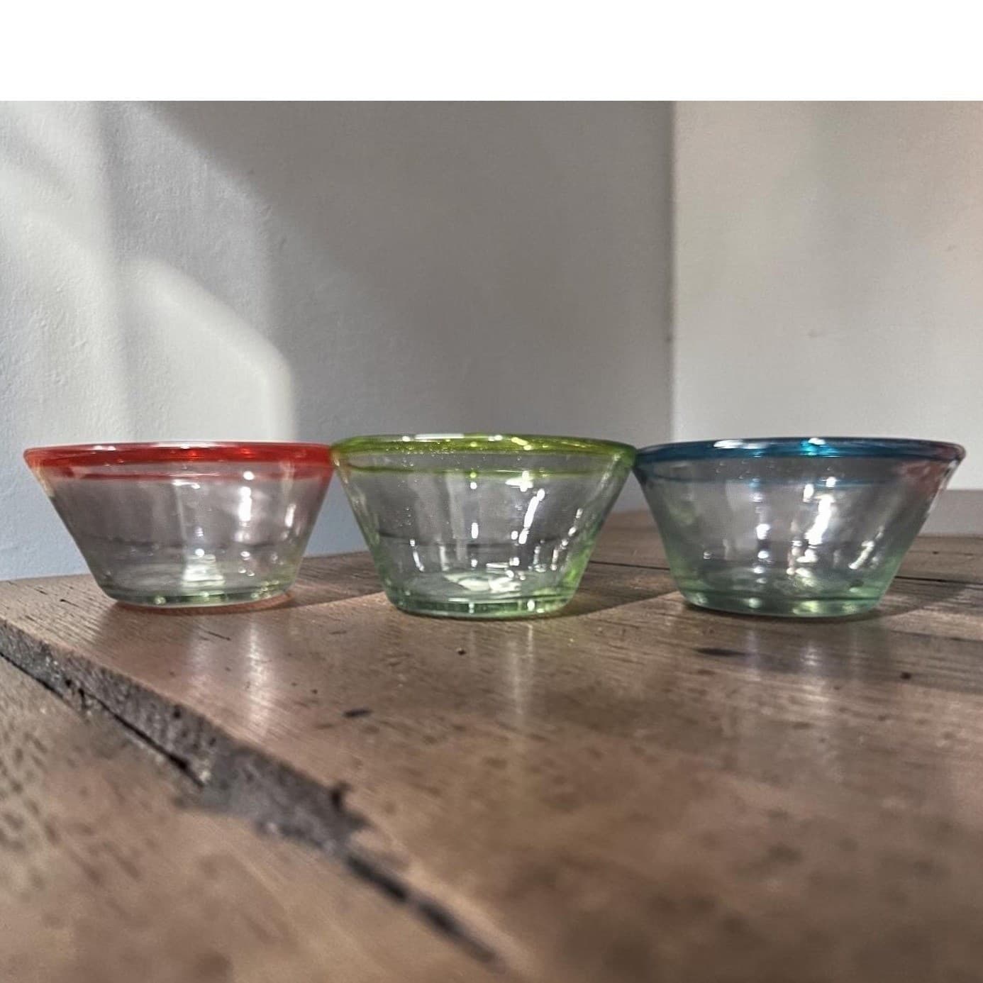 Mexican Hand Blown Salad Bowls, Set of 3, Recycled Artisan Glass Blue Yellow Red