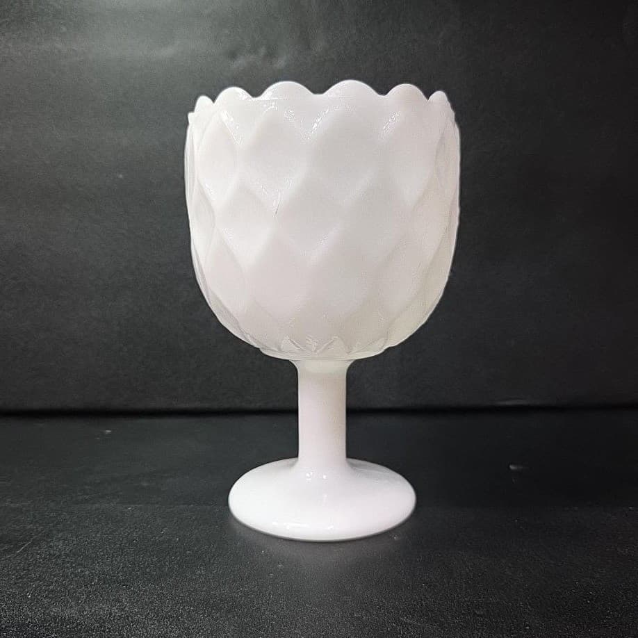 Milk Glass Diamond Design Goblet, Textured Pedestal Compote, Vintage Glassware - Thumbnail 2