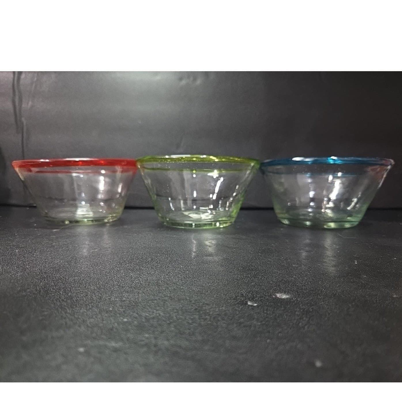 Mexican Hand Blown Salad Bowls, Set of 3, Recycled Artisan Glass Blue Yellow Red - Thumbnail 2