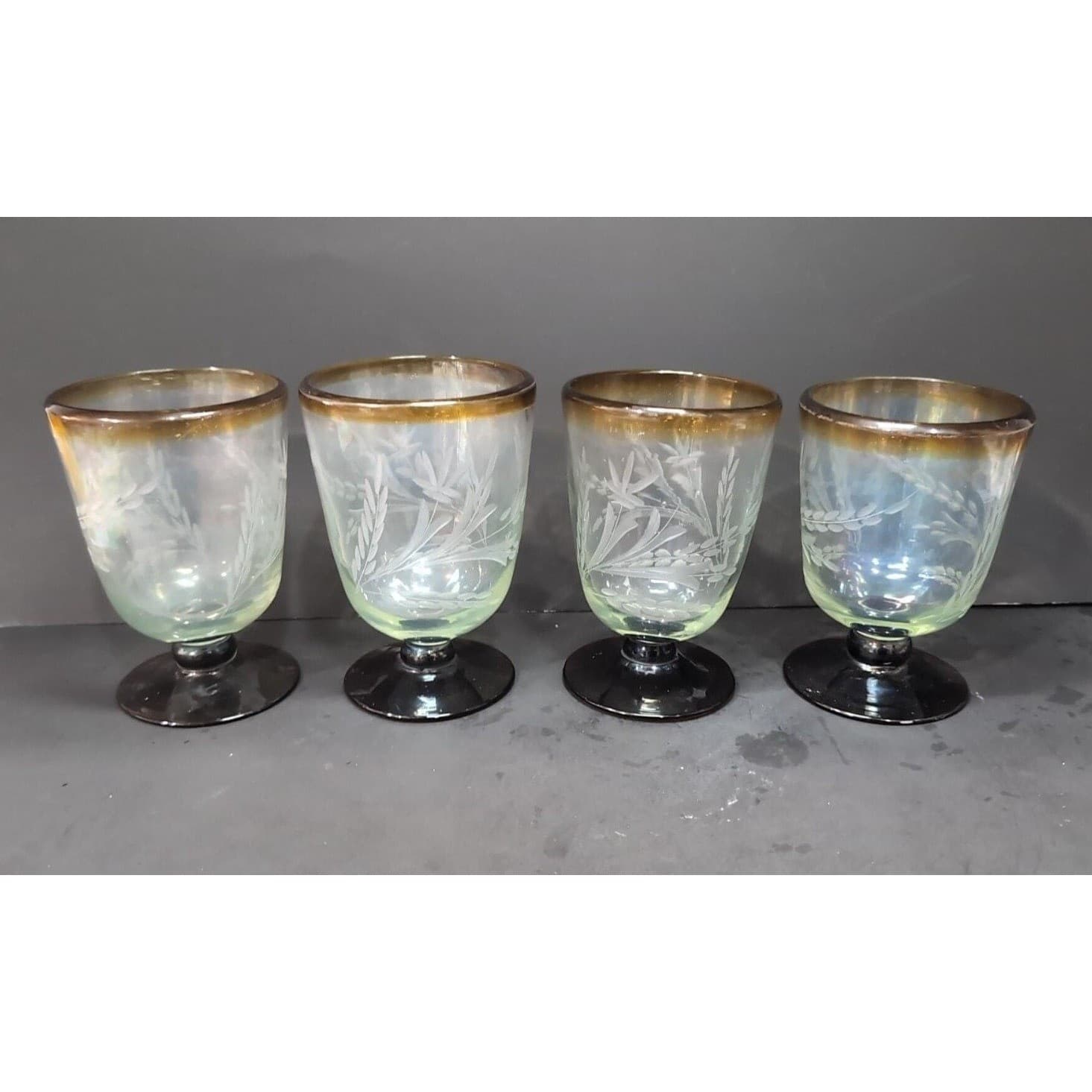 Etched Wheat Brown Rimmed Goblets, Set of 4, Vintage Ruby Red Base Drinkware - Thumbnail 3