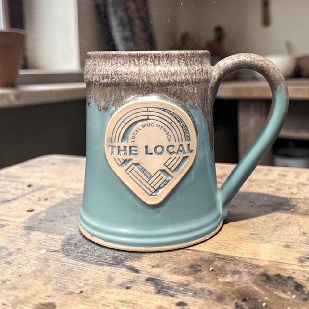 Grey Fox Pottery Blue Brown Drip Glaze Mug, Signed Ceramic, Local Member Stamp