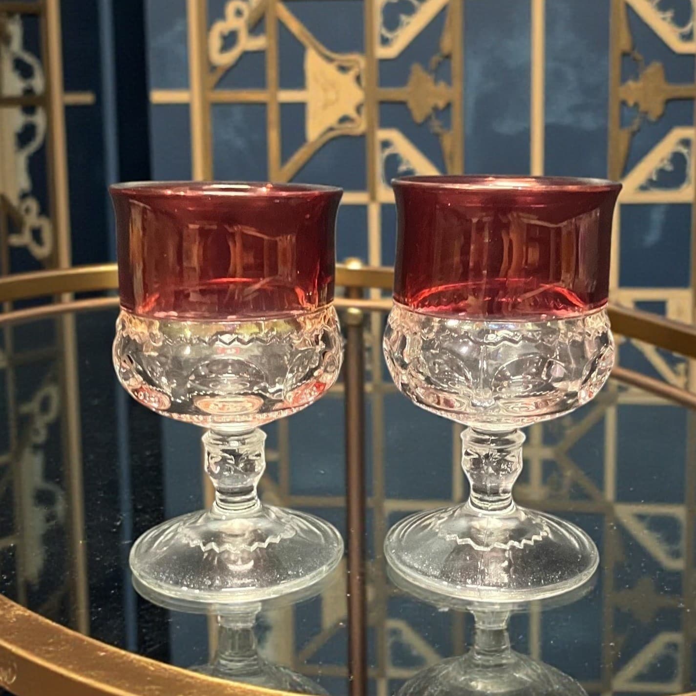 Tiffin Franciscan Kings Crown Juice Glasses, Set Of 2, Ruby Flashed Stemware