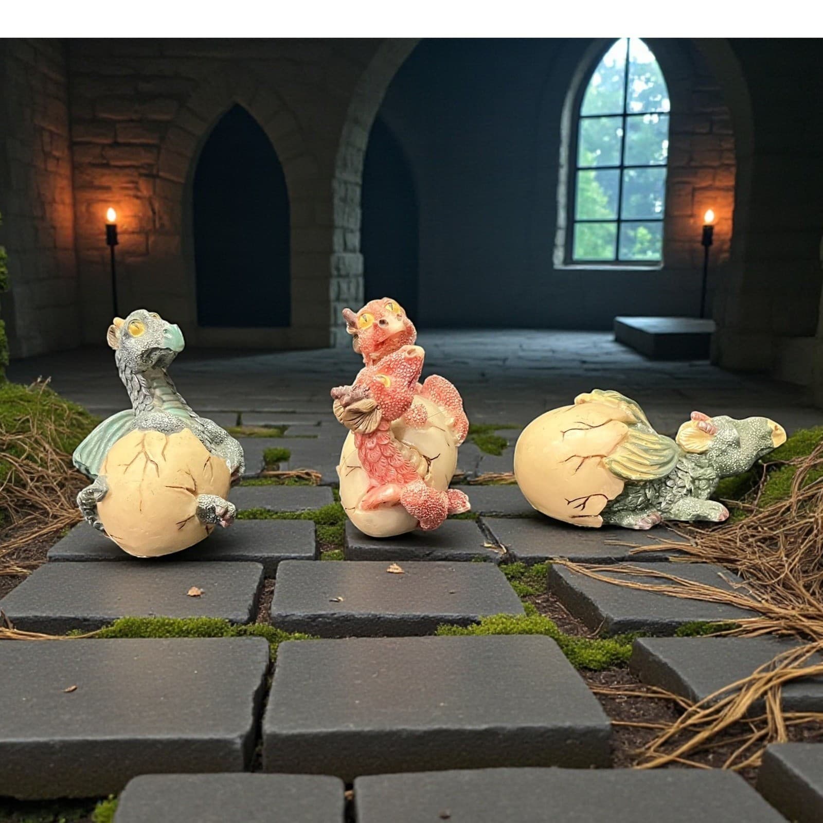 Miniature Hatching Dragons Figurines, Set of 3, Hatchling Egg Statues Decor