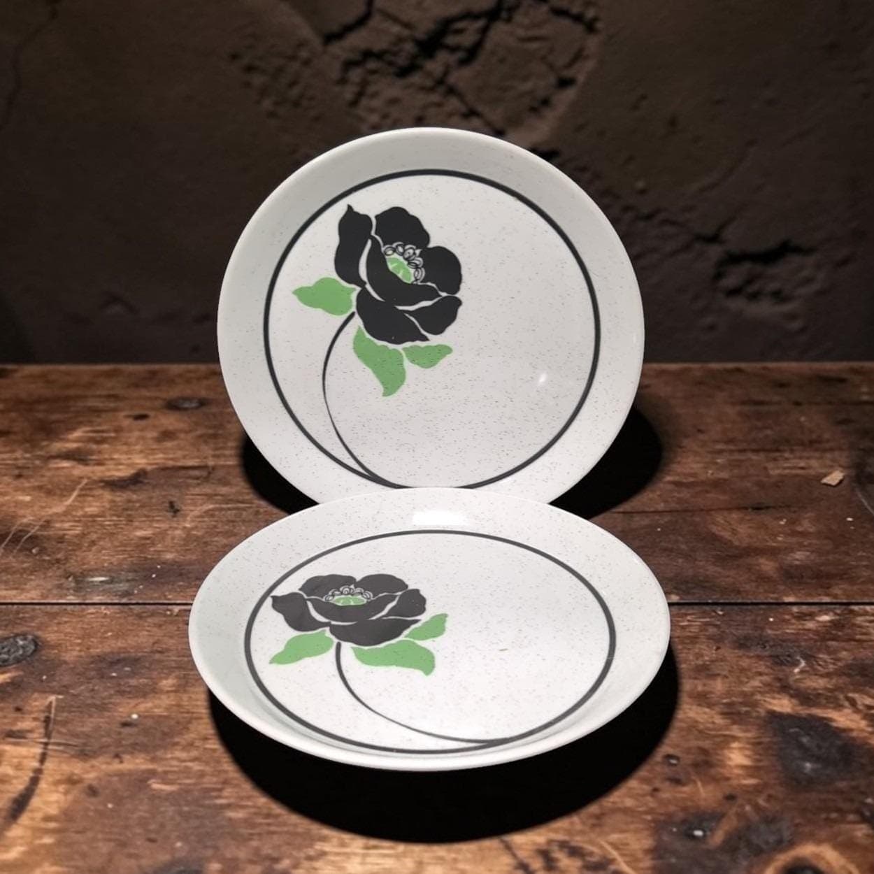 Mikasa Tuxedo Roses Salad Plates, Set of 2, Vtg Black Rose Stoneware, Dinnerware