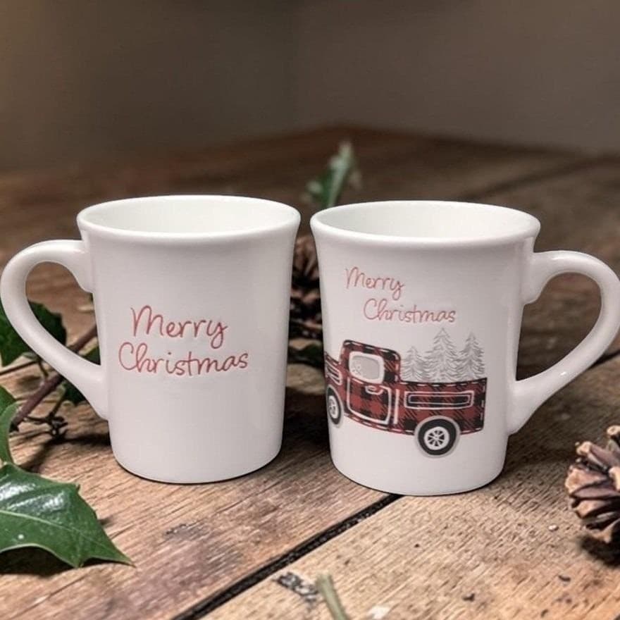 Potter's Studio Red Truck Coffee Cups, Set of 2, Christmas Scene Drinkware