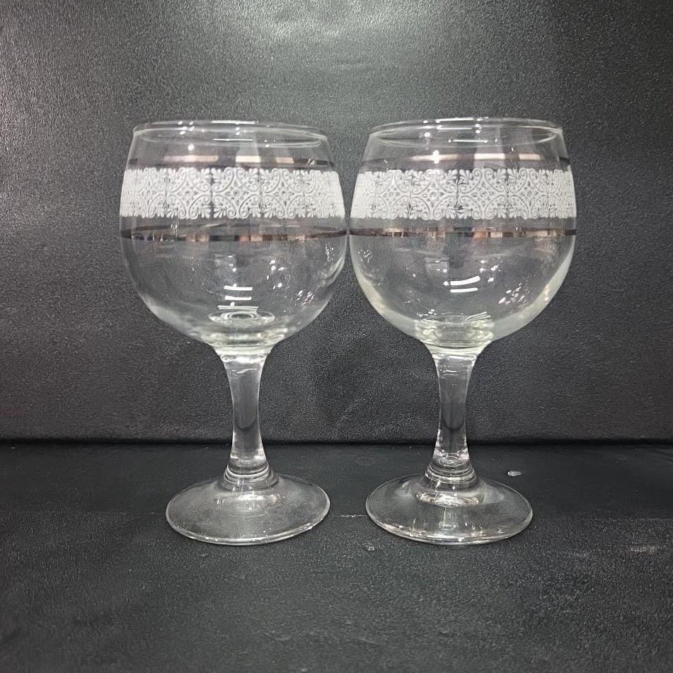 Art Deco Wine Glasses, Set of 2, Frosted Band & Silver Trim, Holiday Stemware - Thumbnail 2