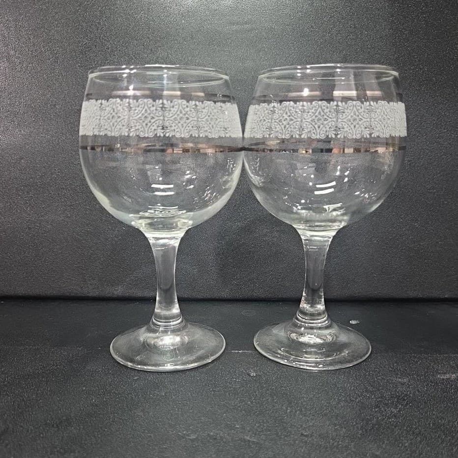 Art Deco Wine Glasses, Set of 2, Frosted Band & Silver Trim, Holiday Stemware - Thumbnail 4