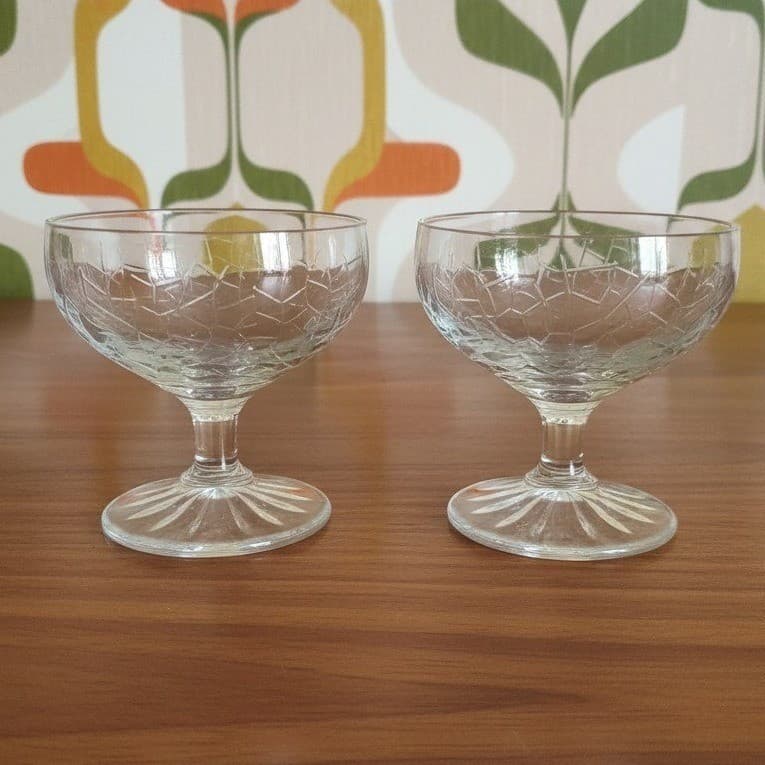 LE Smith Crackle Sherbet Glasses, Set of 2, Vintage Clear Dessert Cups, Stemware