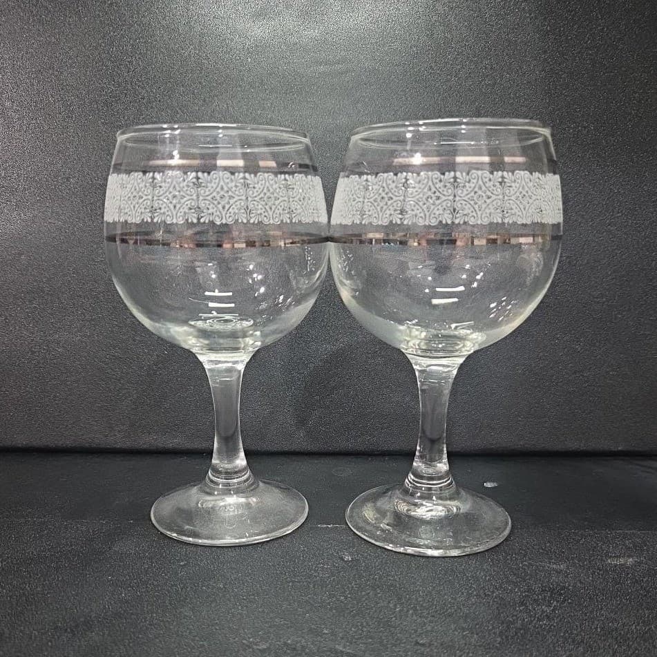 Art Deco Wine Glasses, Set of 2, Frosted Band & Silver Trim, Holiday Stemware - Thumbnail 5
