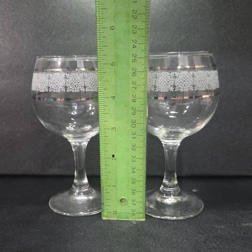 Art Deco Wine Glasses, Set of 2, Frosted Band & Silver Trim, Holiday Stemware - Thumbnail 9