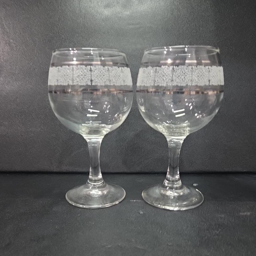 Art Deco Wine Glasses, Set of 2, Frosted Band & Silver Trim, Holiday Stemware - Thumbnail 3