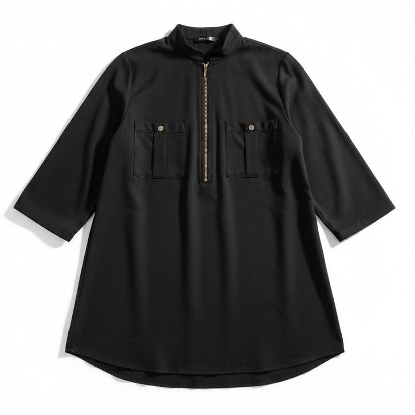 Mileage Black Half Zip Tunic Top, Women's 3X, 3/4 Roll Tab Sleeve Gold Hardware