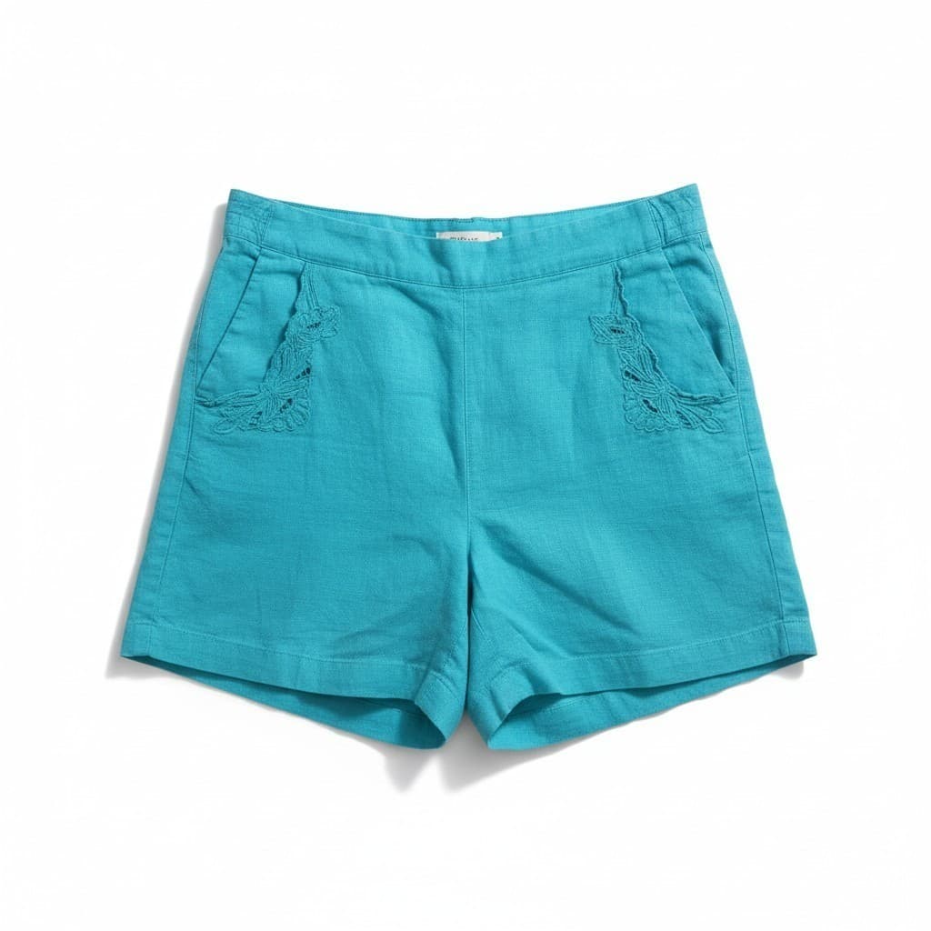 Orient Pearl Turquoise Embroidered High Waisted Shorts, Woman's Size 11/12