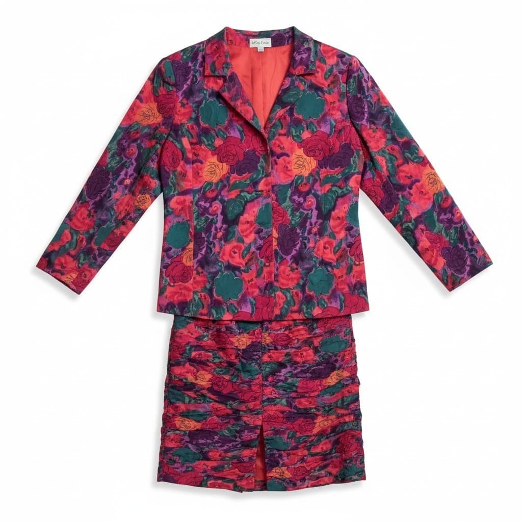 Raul Blanco Magenta Floral Jacquard Ruched Skirt Suit Set, Woman's Size 8
