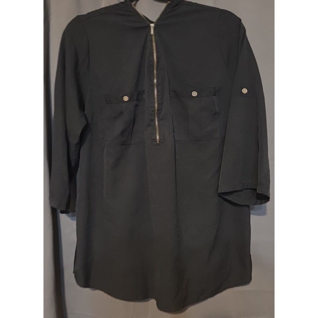 Mileage Black Half Zip Tunic Top, Women's 3X, 3/4 Roll Tab Sleeve Gold Hardware - Thumbnail 3