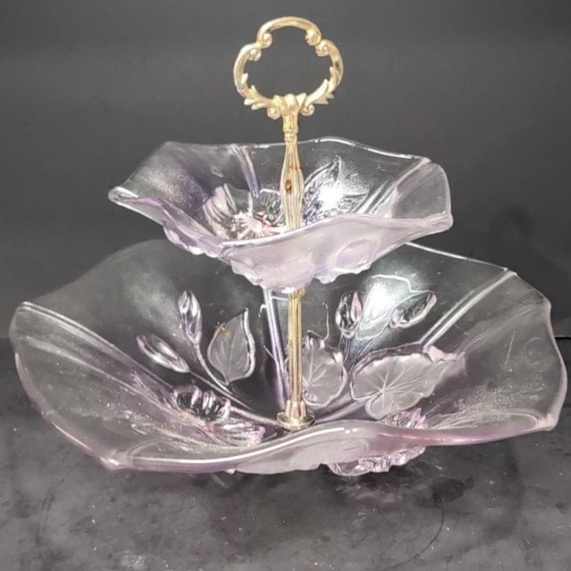 Mikasa Calypso Two Tier Dessert Tray, Vintage Frosted Glass Kitchenware - Thumbnail 3