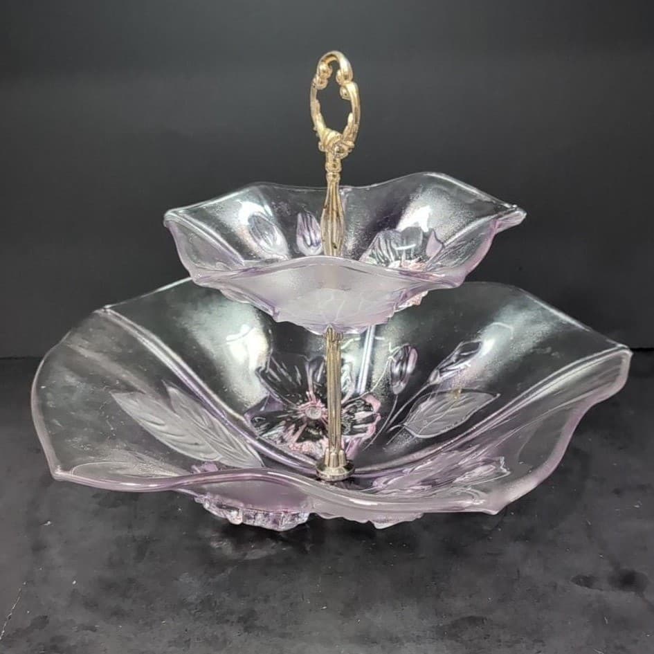Mikasa Calypso Two Tier Dessert Tray, Vintage Frosted Glass Kitchenware - Thumbnail 2