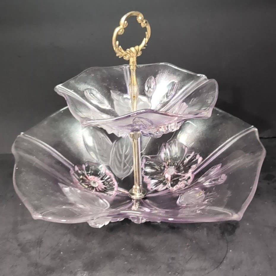 Mikasa Calypso Two Tier Dessert Tray, Vintage Frosted Glass Kitchenware - Thumbnail 5
