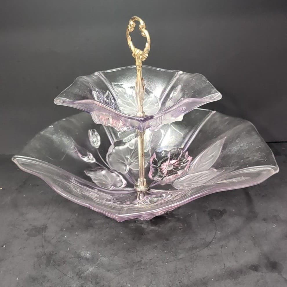 Mikasa Calypso Two Tier Dessert Tray, Vintage Frosted Glass Kitchenware - Thumbnail 4
