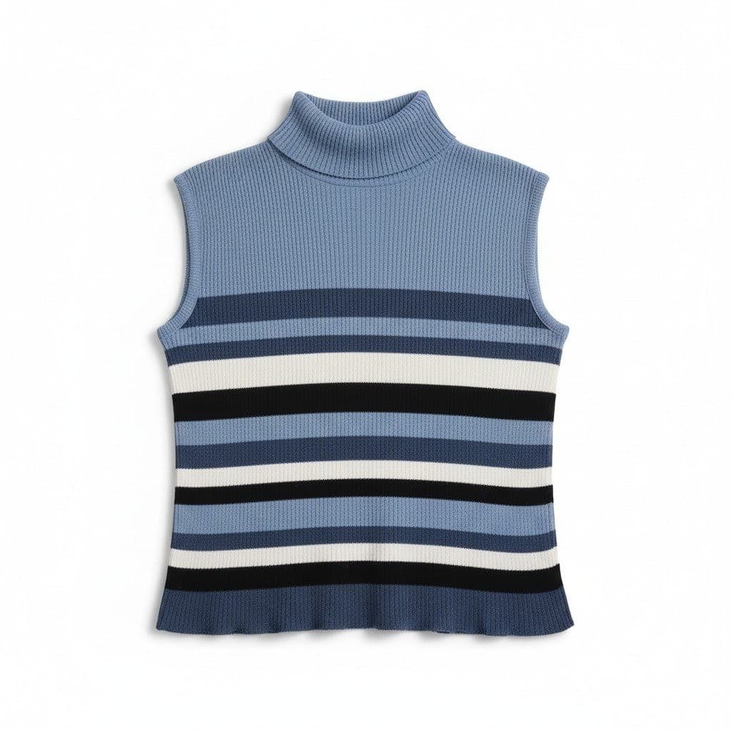 Fiorlini International Blue Striped Ribbed Turtleneck, Woman's Small Sleeveless