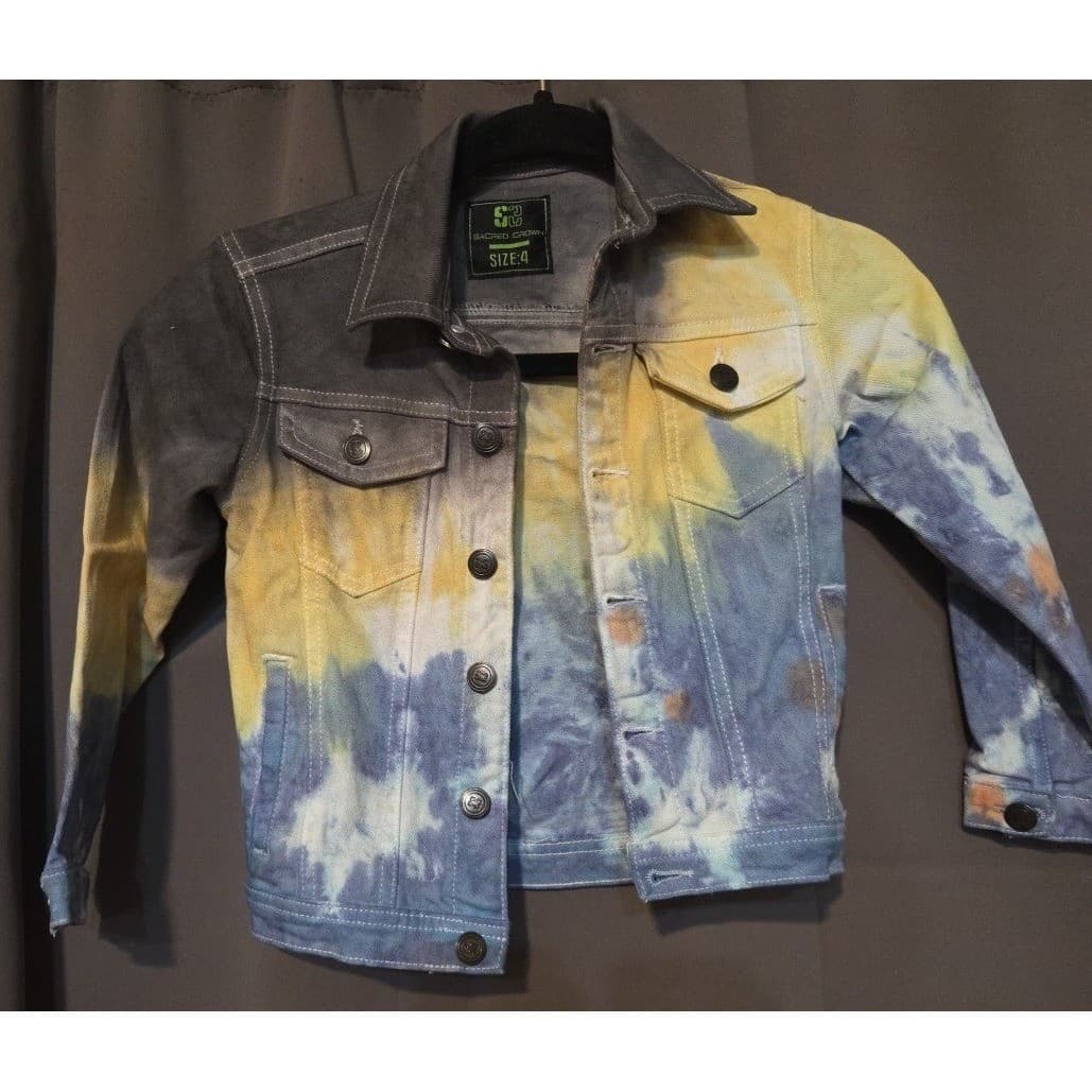 Sacred Crown Tie Dye Denim Trucker Jacket, Kids Size 4, Blue Yellow Grey - Thumbnail 3