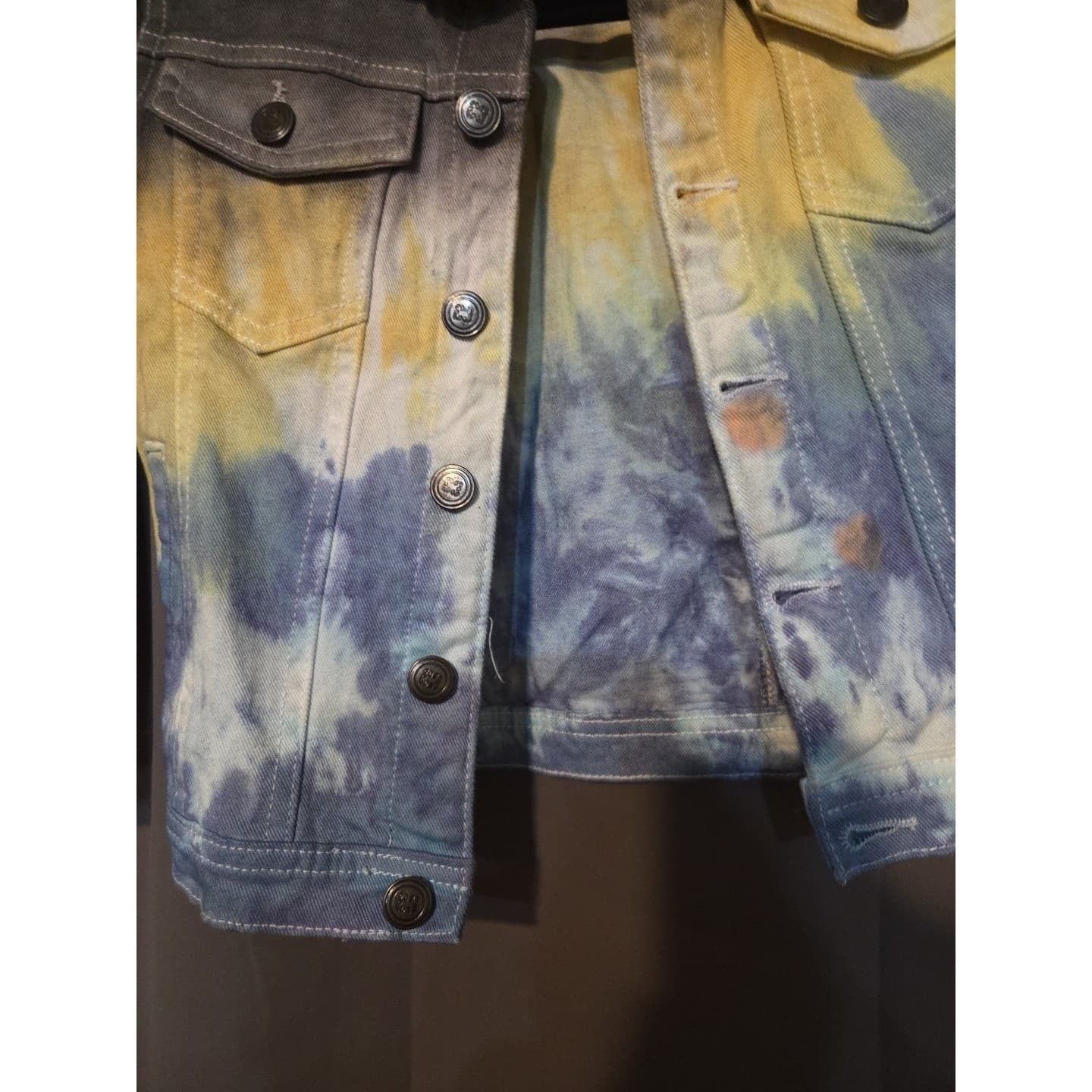 Sacred Crown Tie Dye Denim Trucker Jacket, Kids Size 4, Blue Yellow Grey - Thumbnail 6