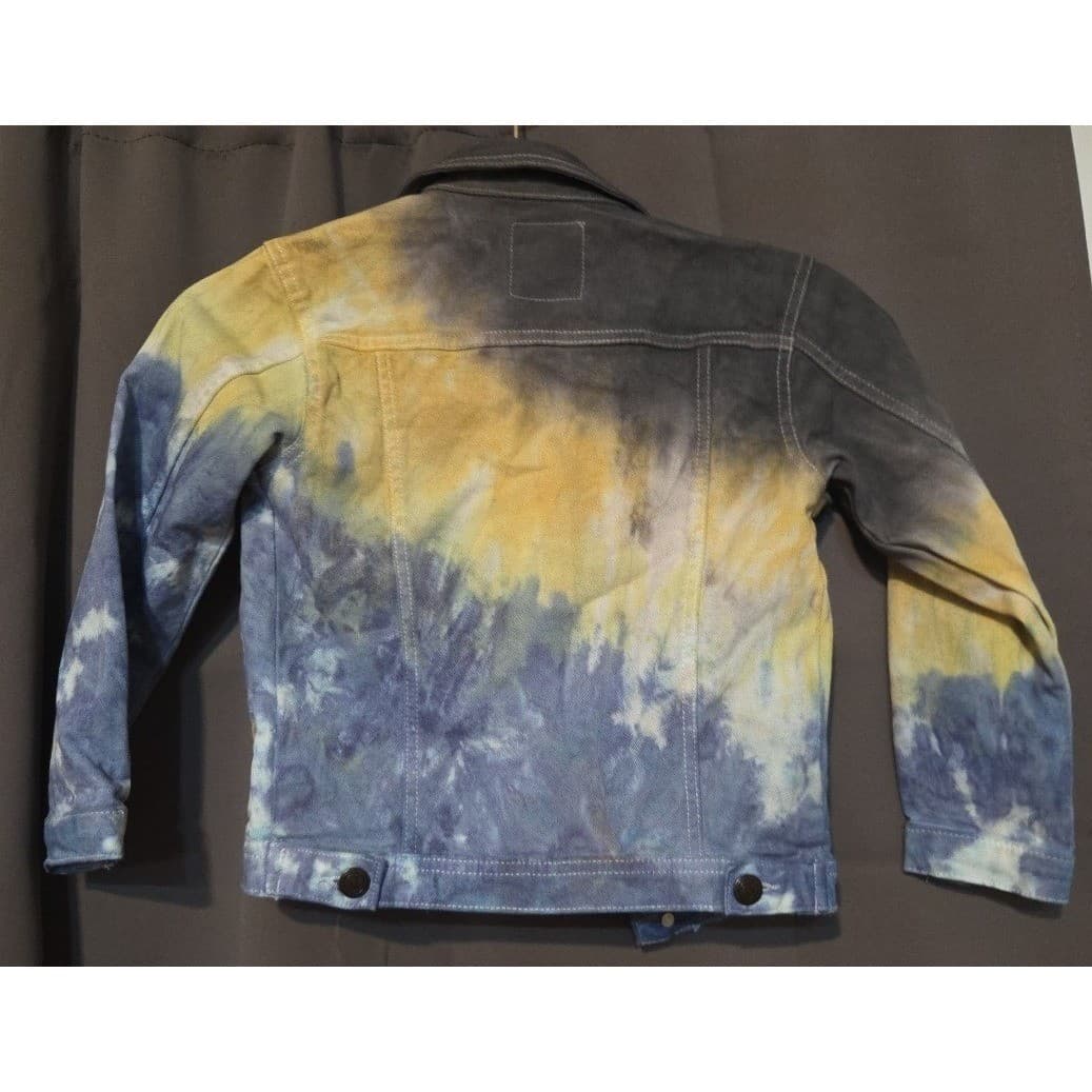 Sacred Crown Tie Dye Denim Trucker Jacket, Kids Size 4, Blue Yellow Grey - Thumbnail 4