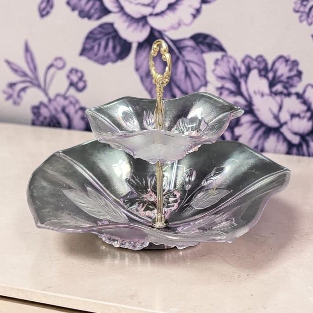 Mikasa Calypso Two Tier Dessert Tray, Vintage Frosted Glass Kitchenware