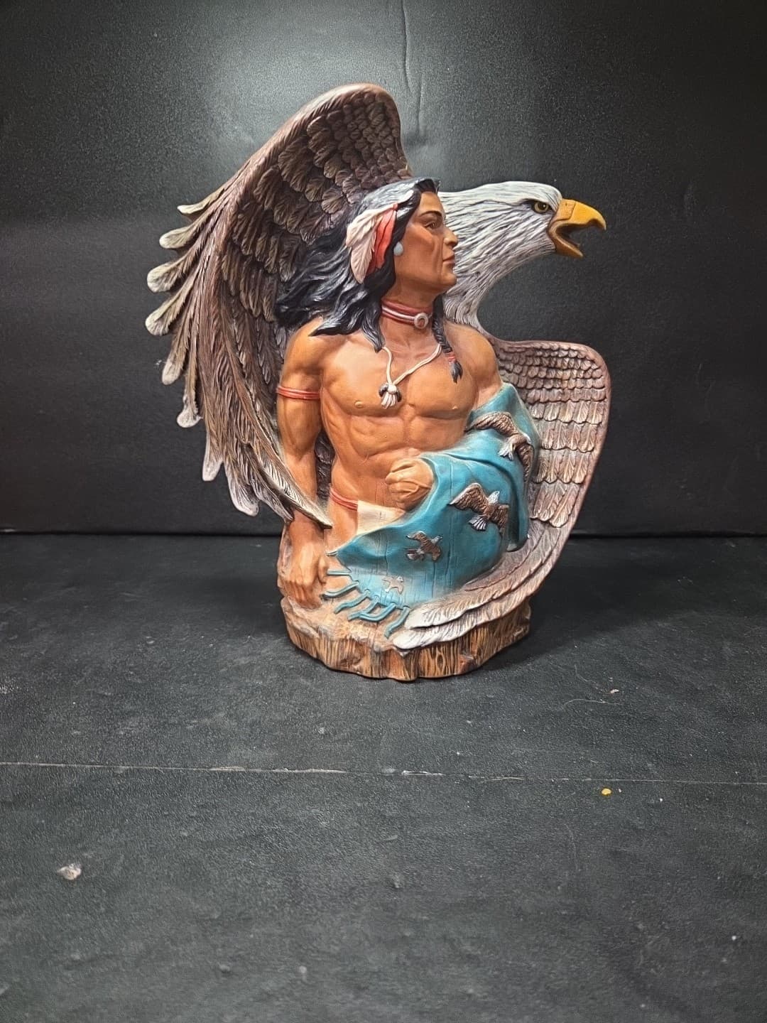 Handpainted Ceramic Native American Figurine Warrior And Eagle 7.5x7.5” Signed