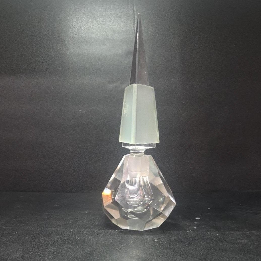 Pagoda Style Glass Perfume Bottle, Art Deco Multi-Faceted Heavy Clear Vial, Flaw - Thumbnail 8