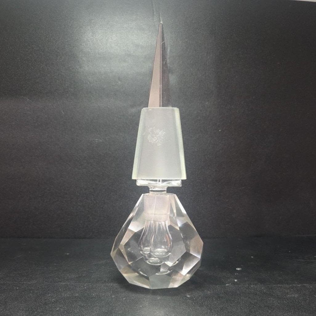 Pagoda Style Glass Perfume Bottle, Art Deco Multi-Faceted Heavy Clear Vial, Flaw - Thumbnail 7