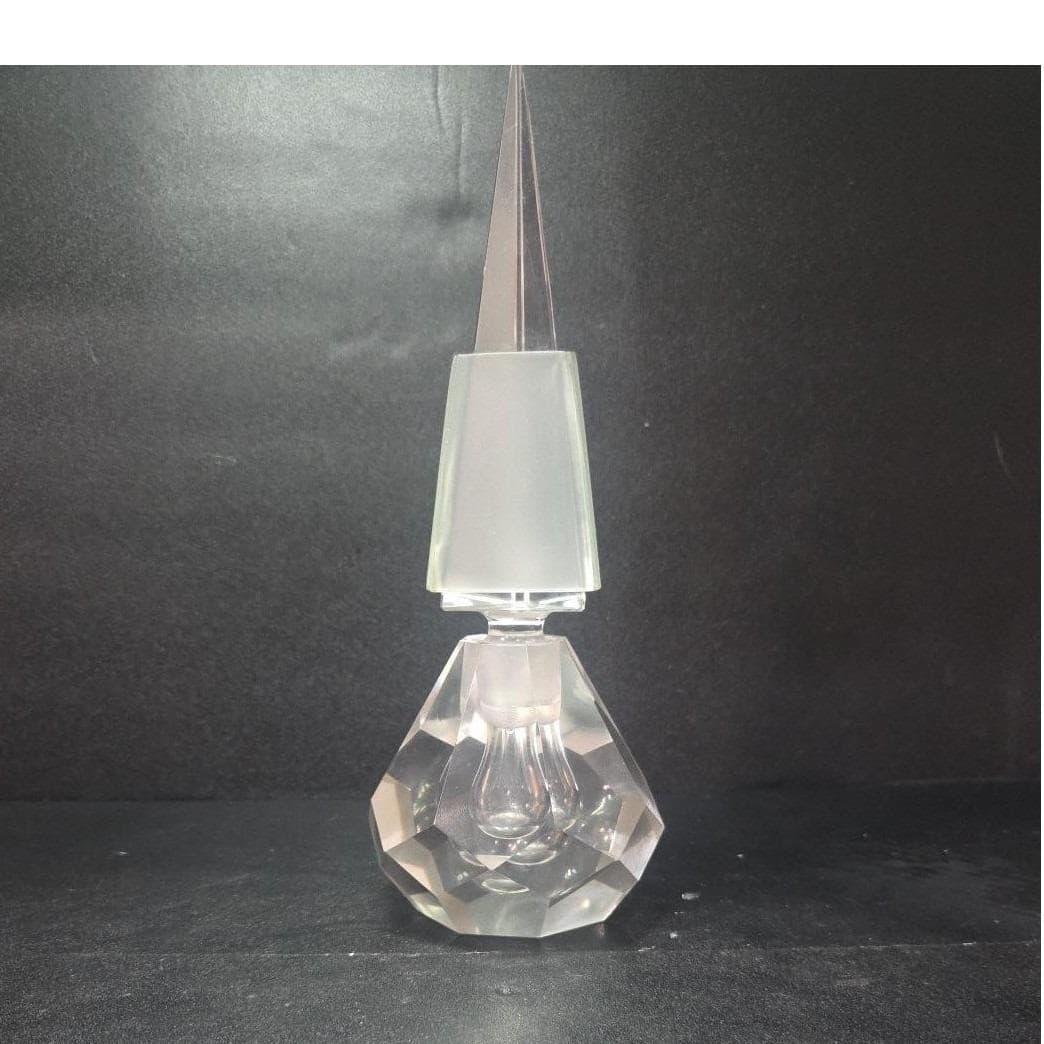 Pagoda Style Glass Perfume Bottle, Art Deco Multi-Faceted Heavy Clear Vial, Flaw - Thumbnail 10