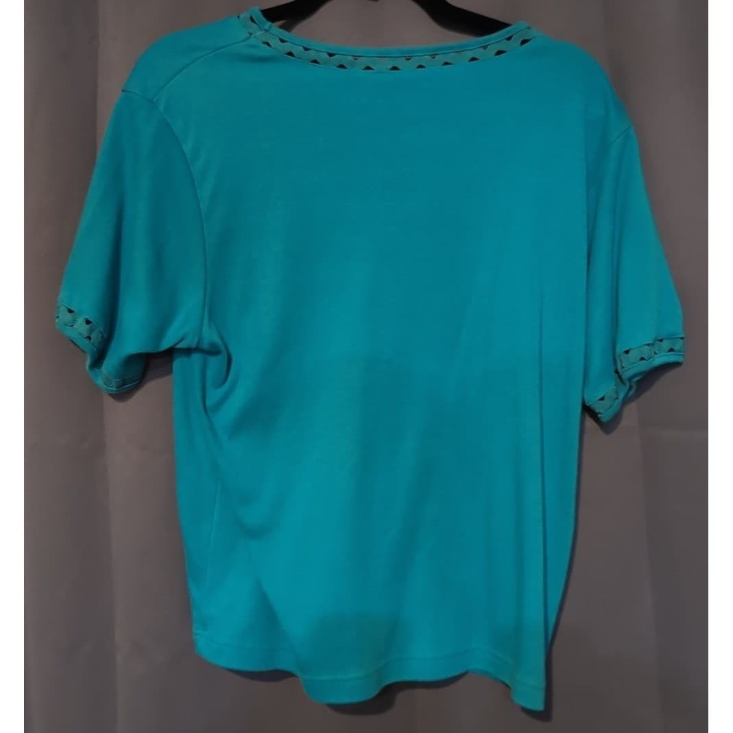 Blair Teal Crochet Lattice Trim Short Sleeve Knit Top, Women's Large - Thumbnail 4