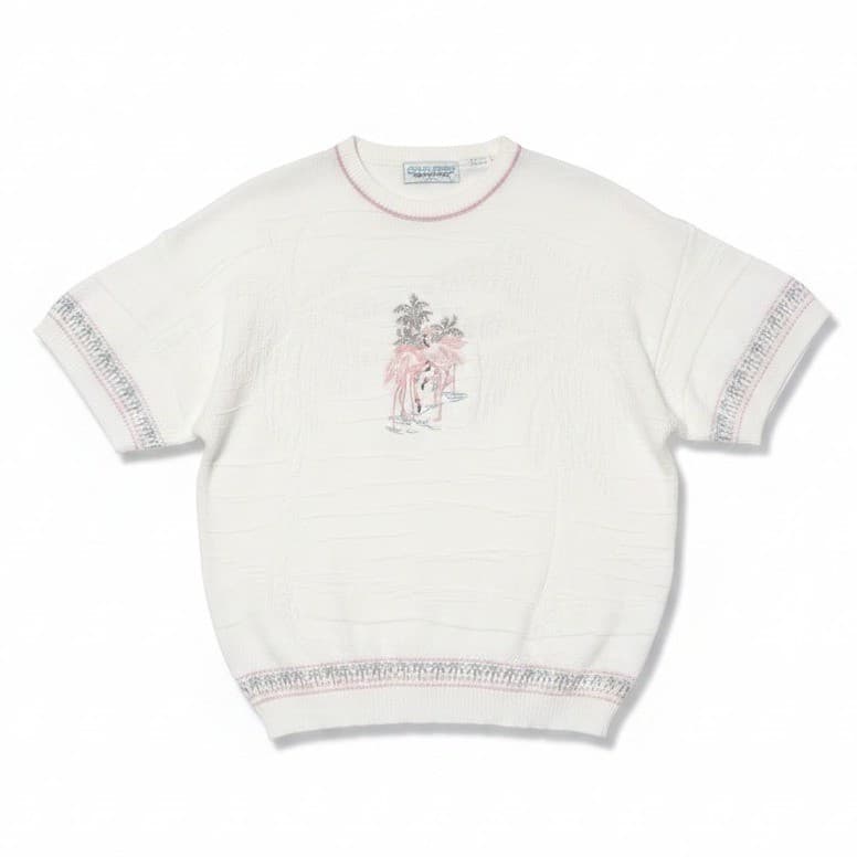 Chelsea Gardens Vintage Flamingo Knit Sweater, Women's XL White Short Sleeve USA