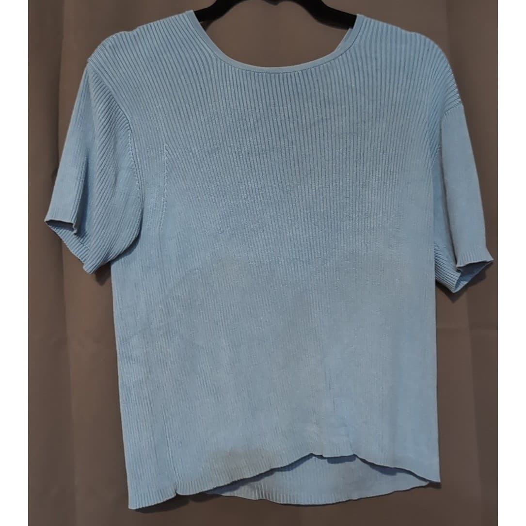 Kevo Collection Blue 100% Silk Ribbed Short Sleeve Knit Sweater, Women's Large - Thumbnail 3