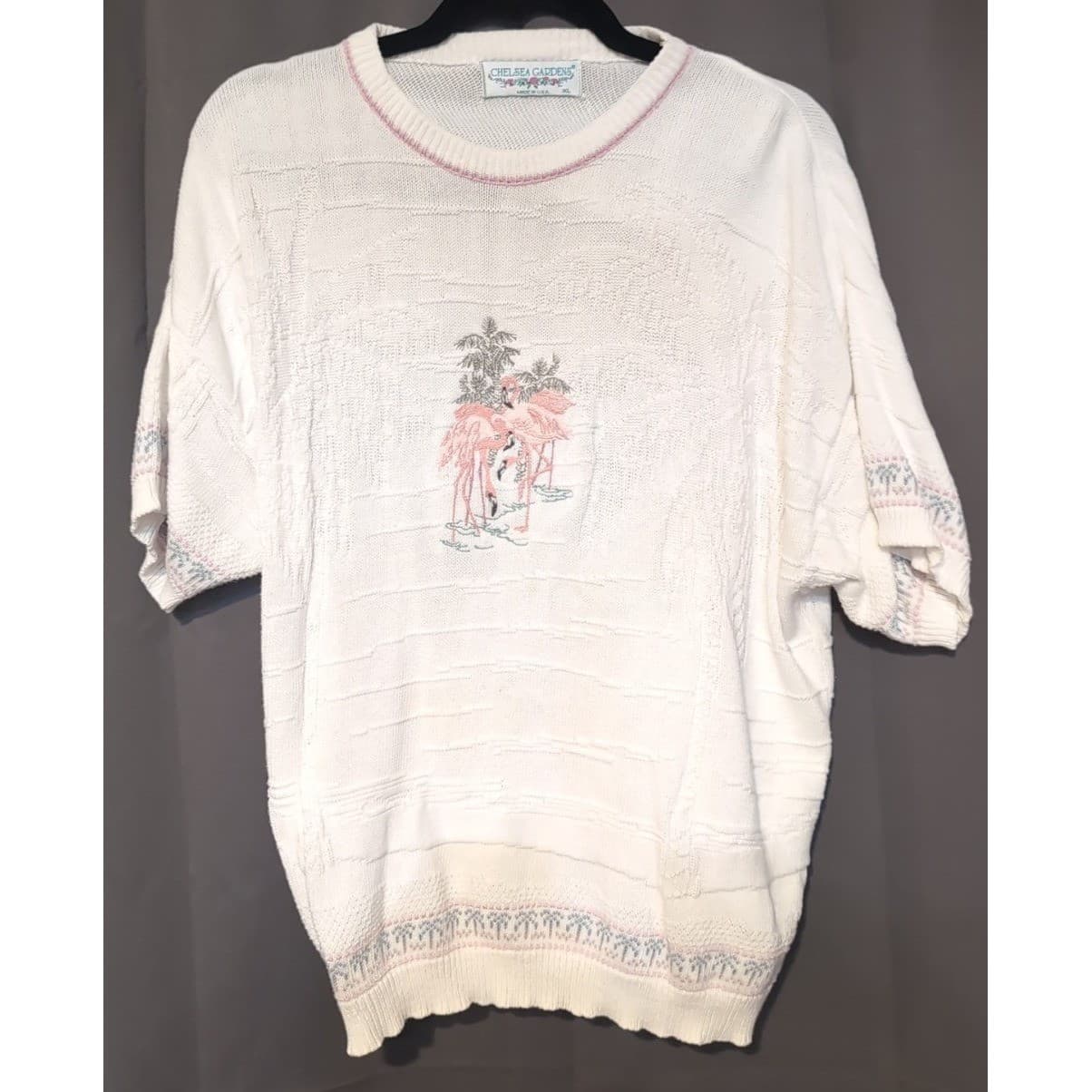 Chelsea Gardens Vintage Flamingo Knit Sweater, Women's XL White Short Sleeve USA - Thumbnail 3